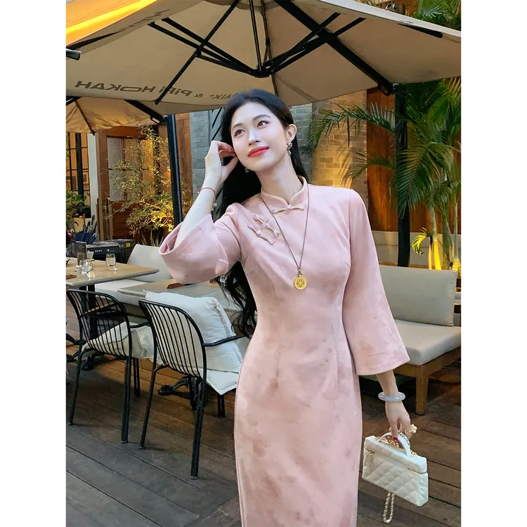 凌茜恣禾【樱韵虹】国风新中式麑皮绒水墨印花旗袍温婉优雅气质旗袍