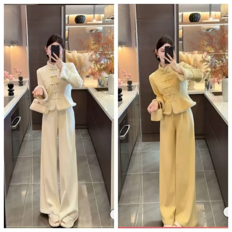 周粥2025秋冬新款加绒加厚收腰刺绣盘扣时尚气质两件套6162谷