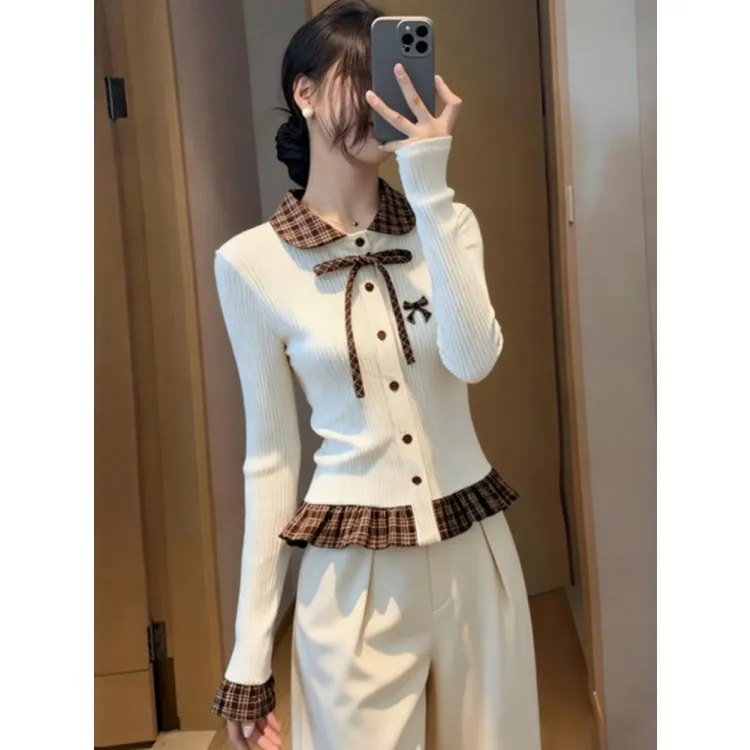 法式学院风复古拼接格纹针织衫女秋冬新款洋气减龄蝴蝶结刺绣衬衫