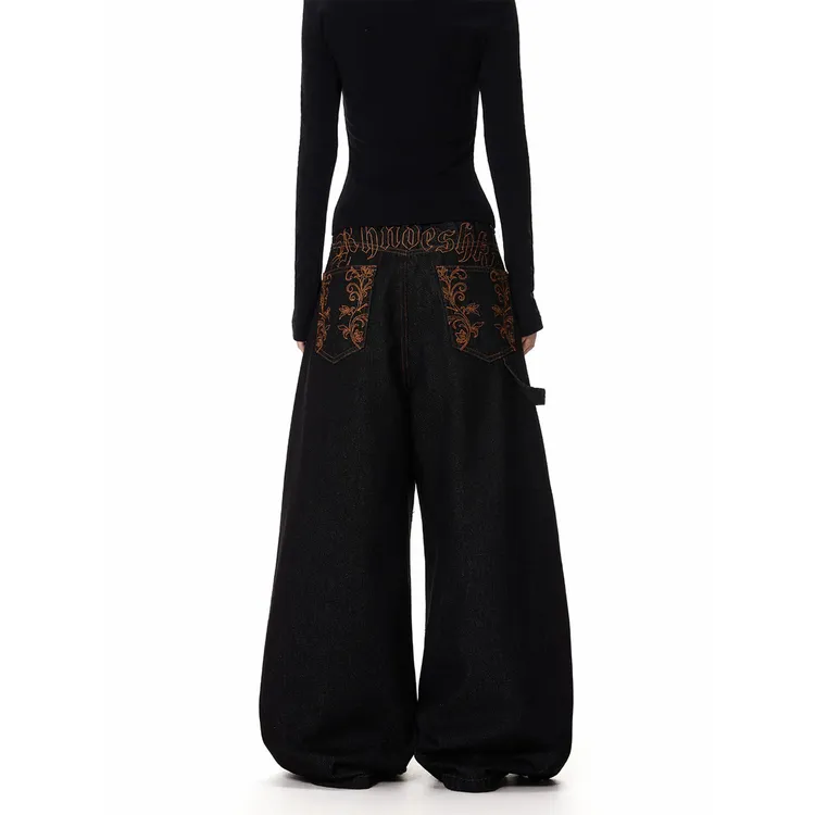 美式复古创意刺绣弯刀牛仔裤男女宽松休闲简约设计感百搭阔腿长裤