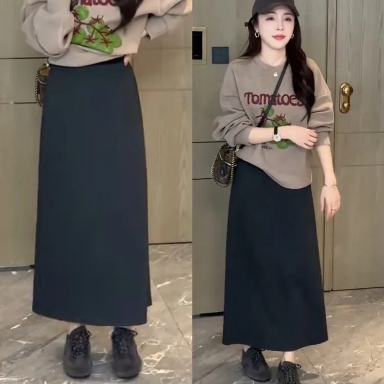 简约百搭松紧腰开叉气质显瘦半身裙女2825秋冬加厚纸片裙高腰长裙