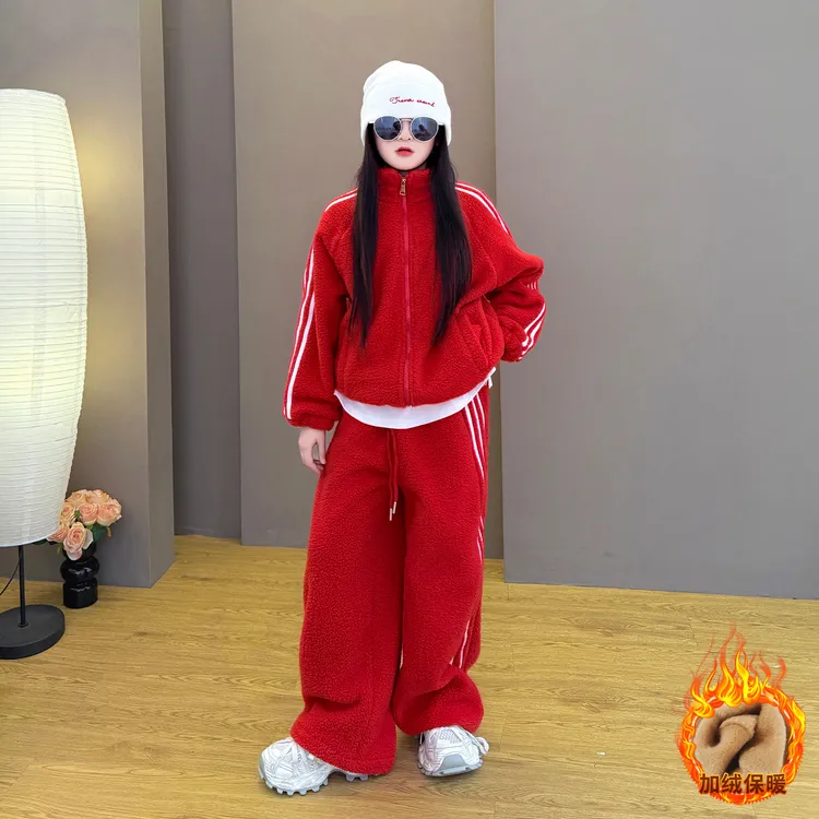 女童2025新款儿童秋冬季韩系拉条加绒休闲运动款毛毛外套裤子套装