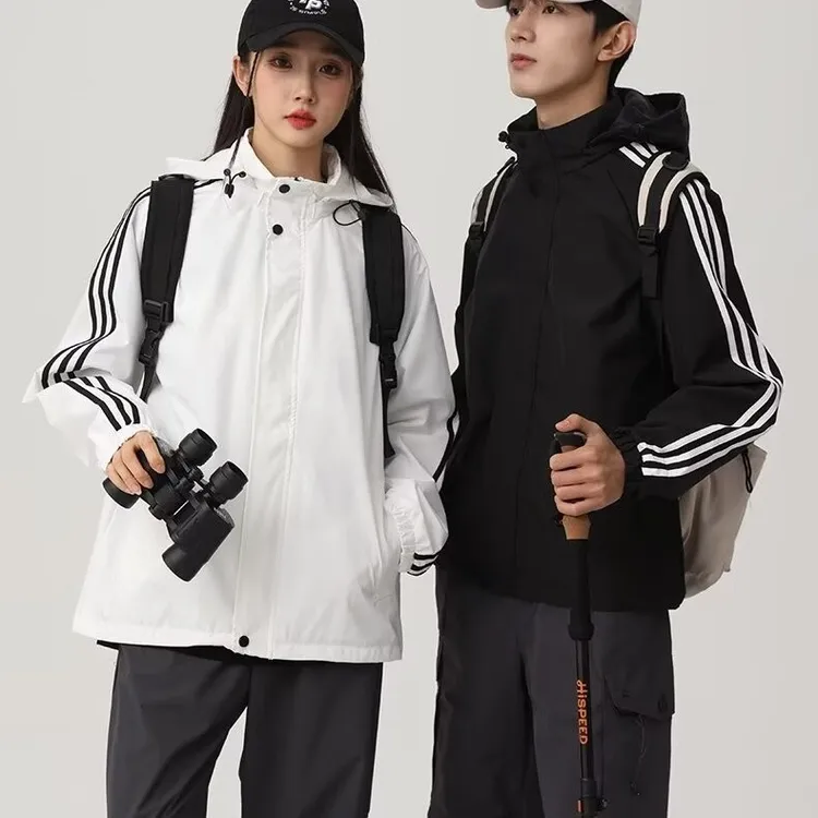 条纹撞色连帽冲锋衣外套男士春秋季软壳防风时尚情侣款工装服夹克