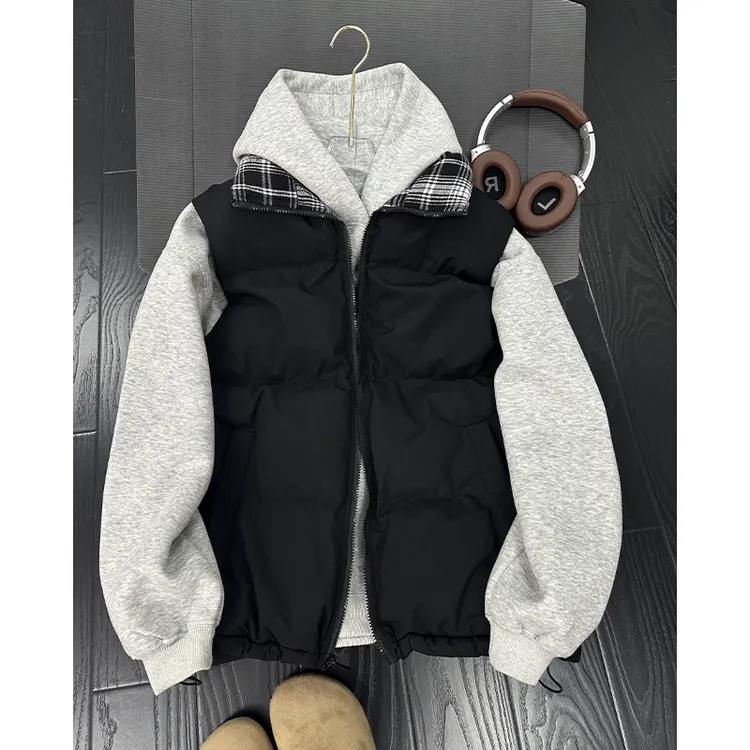 美式格子拼接马甲棉服男款秋冬季加厚坎肩背心叠穿高级感棉衣外套