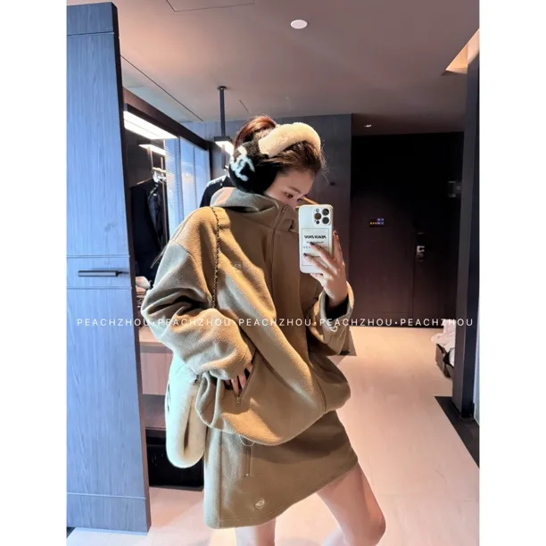 『PEACHZHOU』超细摇粒绒宽松连帽拉链外套松紧腰A字半身裙休闲套装