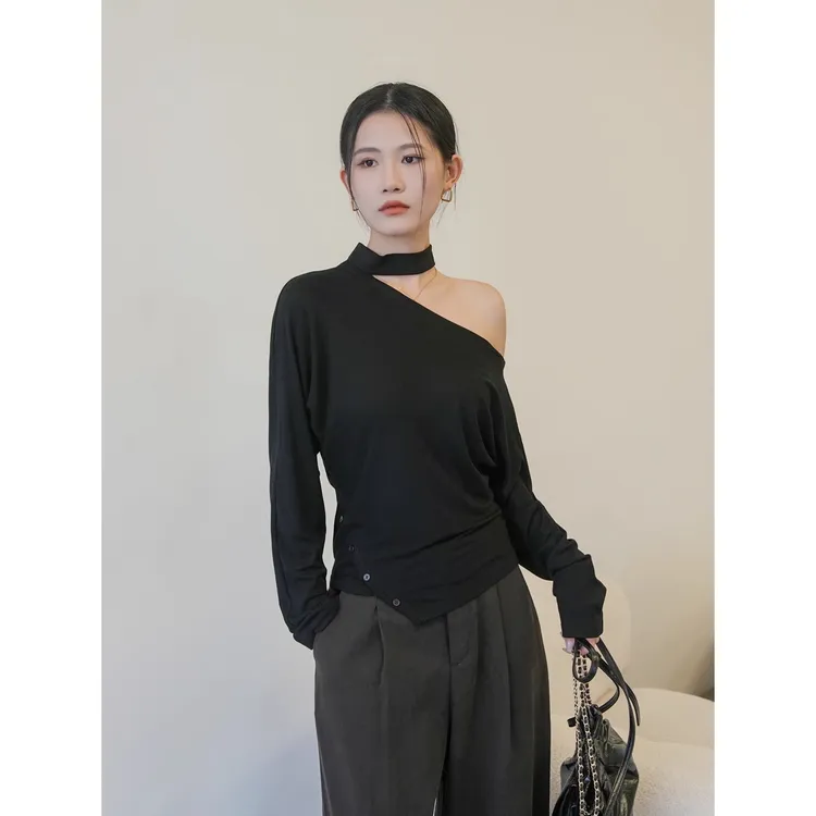 黑色打底衫女2025新款早秋季挂脖斜肩时尚不规则长袖t恤内搭上衣