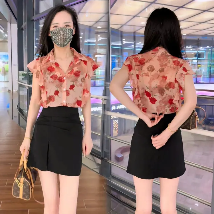 2025夏季宽松复古港风薄款显瘦百搭减龄上衣高级感碎花雪纺衬衫女