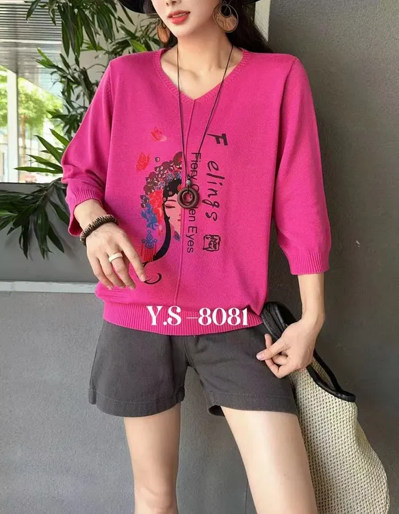【丽丽家】秋季新款休闲脸谱V领显瘦中袖棉线衫8081