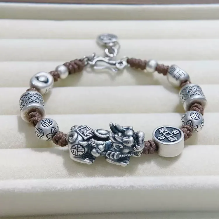 足银手链 纯银999貔貅手链足银复古时尚潮手工编织男士女款手链