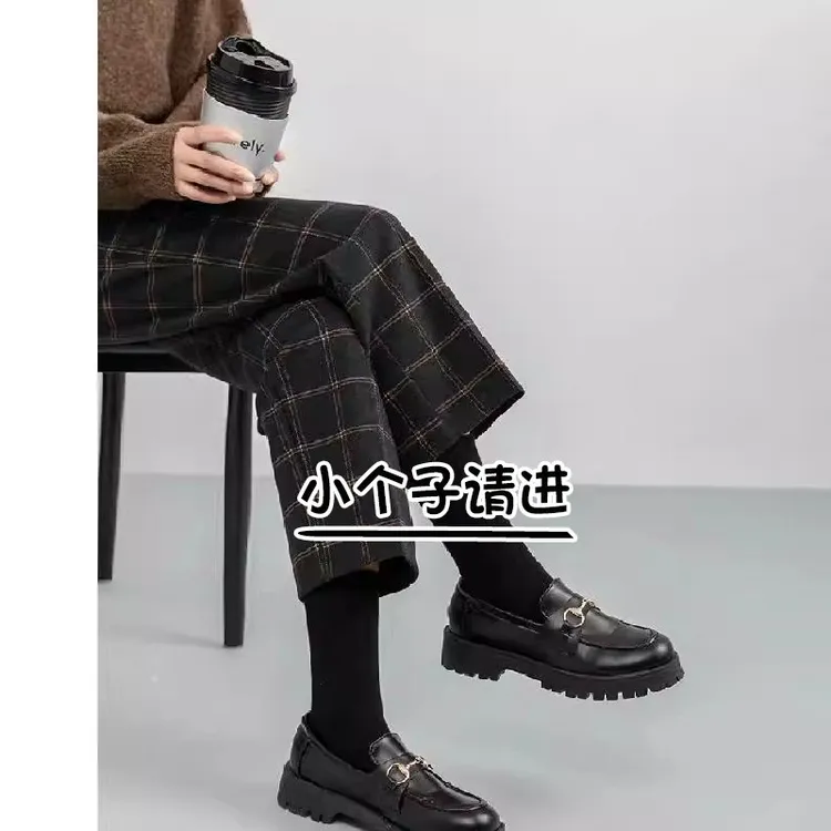 秋冬季高腰显瘦烟管哈伦裤子女145小个子七分垂感毛呢西装格子裤9