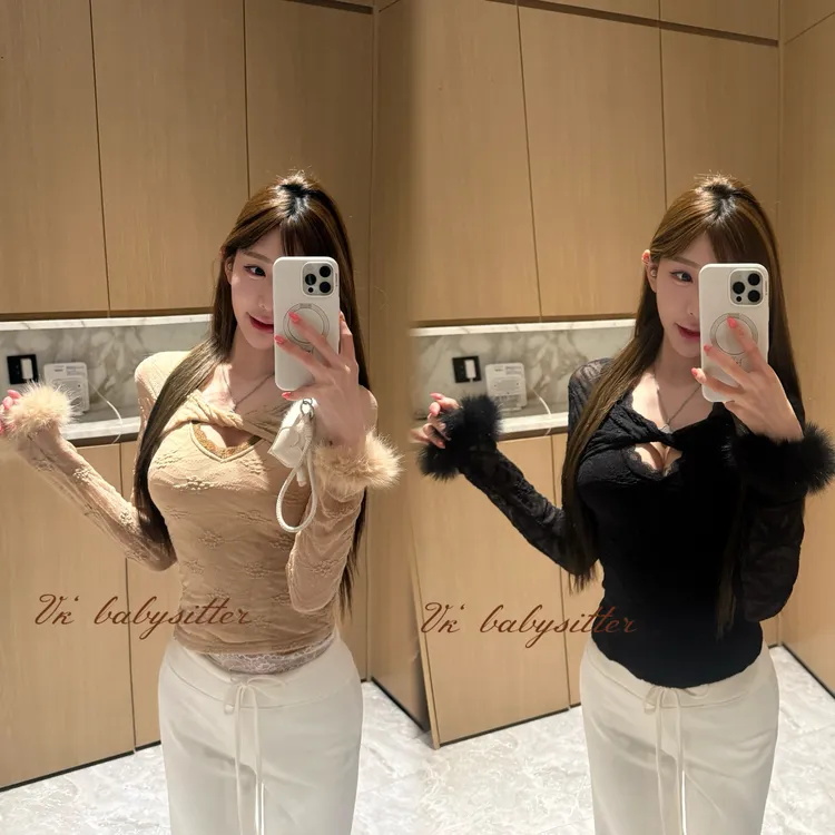 VK「偷心尤物」长袖打底气质轻奢时尚性感纯欲蕾丝紧身