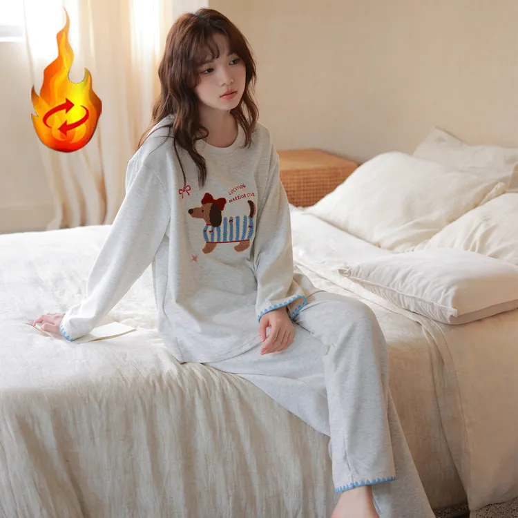 腊肠狗双层羊密绒女秋冬德绒睡衣女士保暖绒圆领套头德绒长袖套装