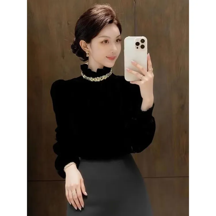 法式赫本风黑色烫钻丝绒衬衫秋冬新款高级感复古轻奢气质轻熟衬衣