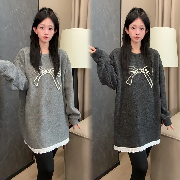 二姐的宝藏冬季蝴蝶结钉珠德绒拼接蕾丝套头长袖卫衣#25502