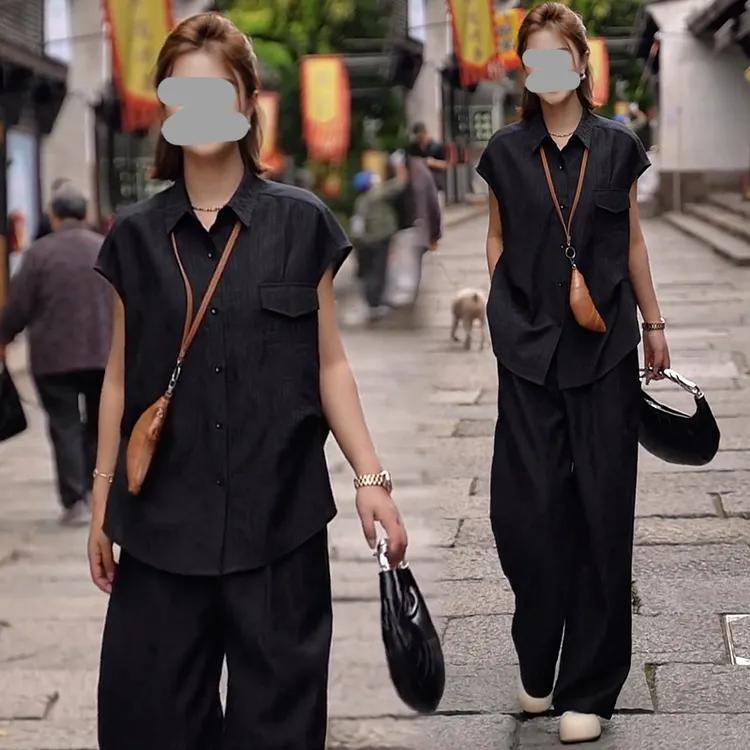高级感纯色洋气翻领套装女2025年夏季新款短袖上衣高腰长裤两件套