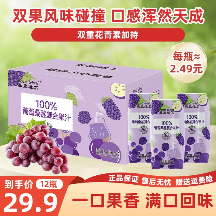 菲里维尔100%葡萄桑葚复合果汁夏天饮料清爽批发整箱200ml*12瓶