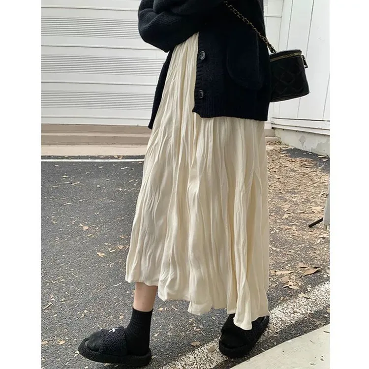 米白色半身裙女秋季肌理感褶皱法式赫本风半裙小个子垂感压褶长裙