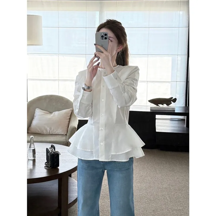 2025巨好看别致法式文艺设计款沙漏感收腰显瘦伞状衬衫小衫上衣女