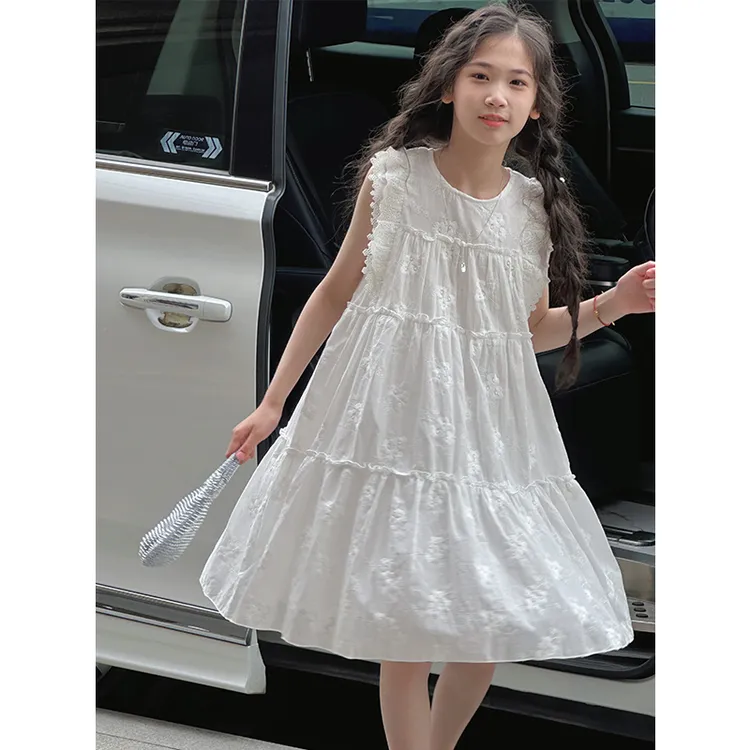 K28904花朵刺绣高端女童连衣裙2025新款夏装休闲儿童裙子公主裙潮