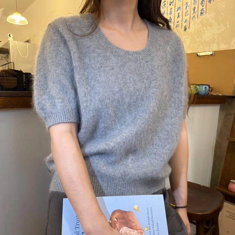 【220g】短袖拉毛款U型领羊毛羊绒水洗拉毛高克重毛衣针织衫