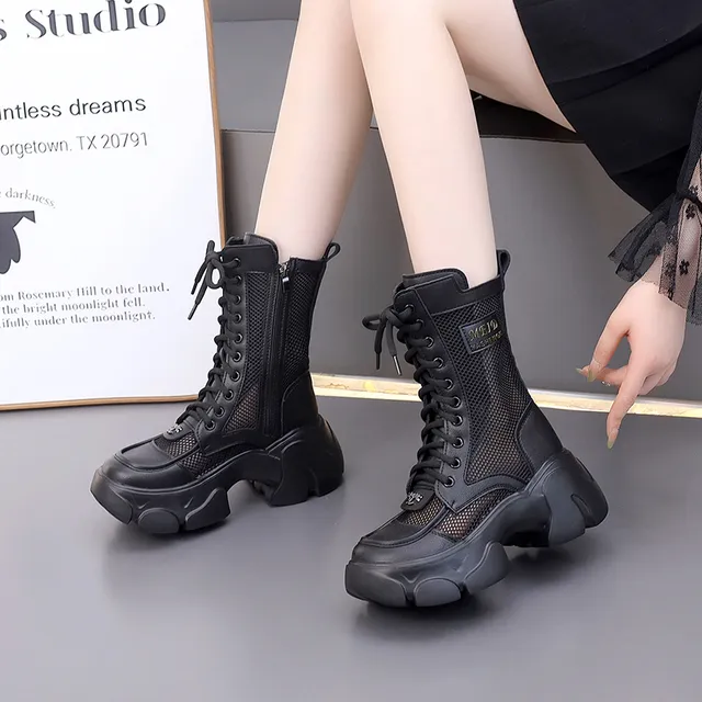 2023真皮厚底镂空马丁靴女2025新款夏百搭中筒网靴小个子轻便网面