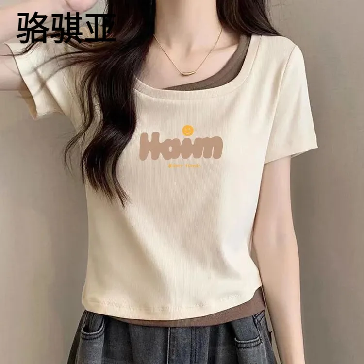 棉质大码胖mm纯欲风辣妹修身显瘦短袖T恤女士夏季假两件方领上衣