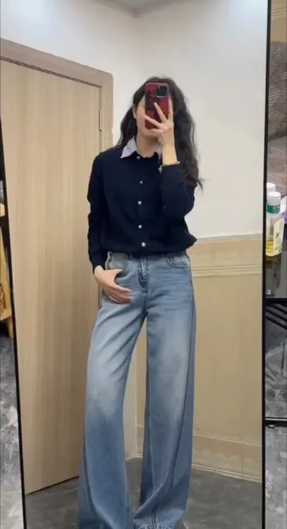 高腰直筒牛仔裤女2025春季新款弹力显瘦阔腿裤