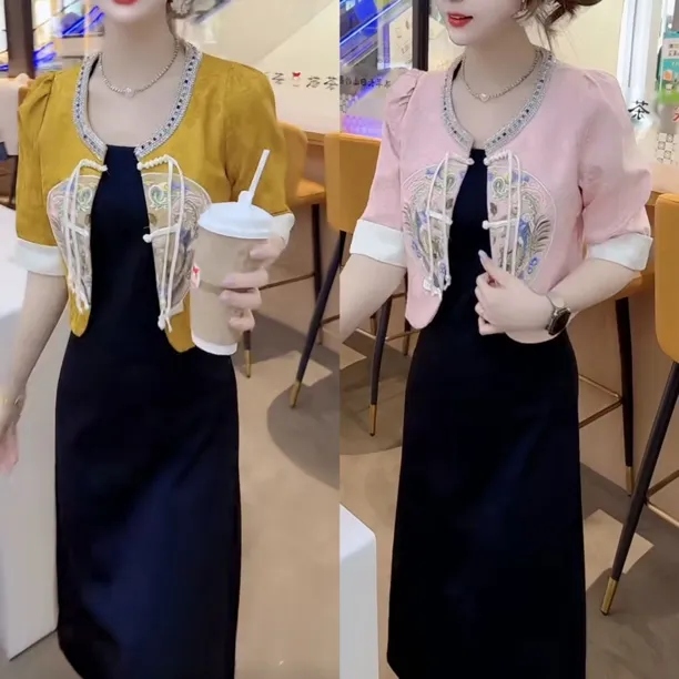 时尚套装女夏季新款气质短袖外搭搭配连衣裙两件套女97555