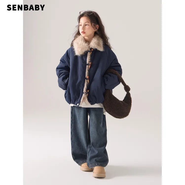 【亲子】童装女童翻毛领保暖加厚仿狐狸毛儿童牛角扣外套