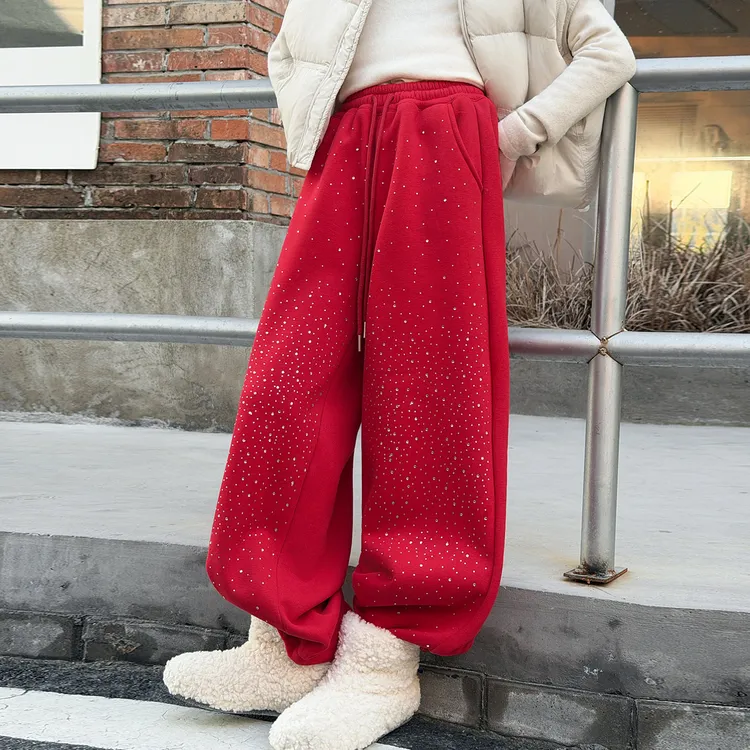 女童满天星烫钻加绒卫裤6-12岁洋气时髦韩版宽松加厚15学生保暖