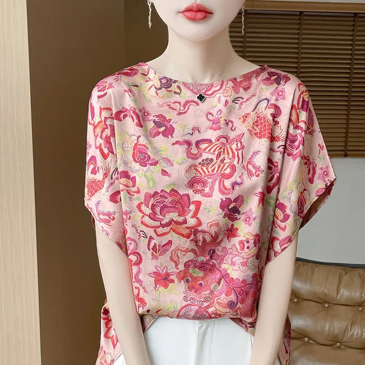 新中式斜襟立领时尚印花短袖衬衣女夏新款气质中国风缎面休闲衬衫