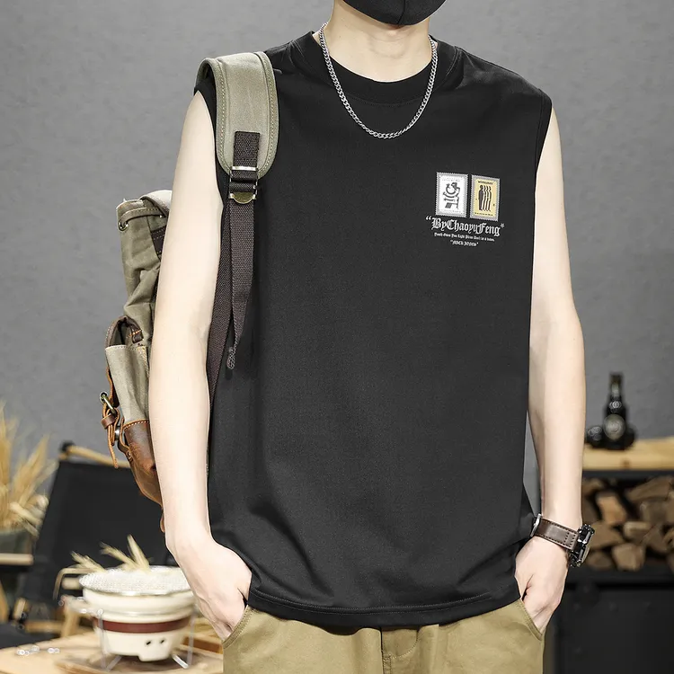 凉感印花潮牌背心男美式坎肩男士运动健身宽松大码高端无袖T恤潮T