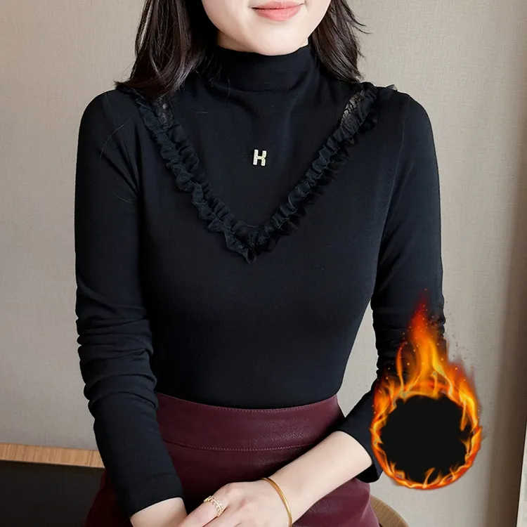 磨毛加厚半高领镂空蕾丝上衣T恤女2025年秋季新款纯色百搭长袖T恤