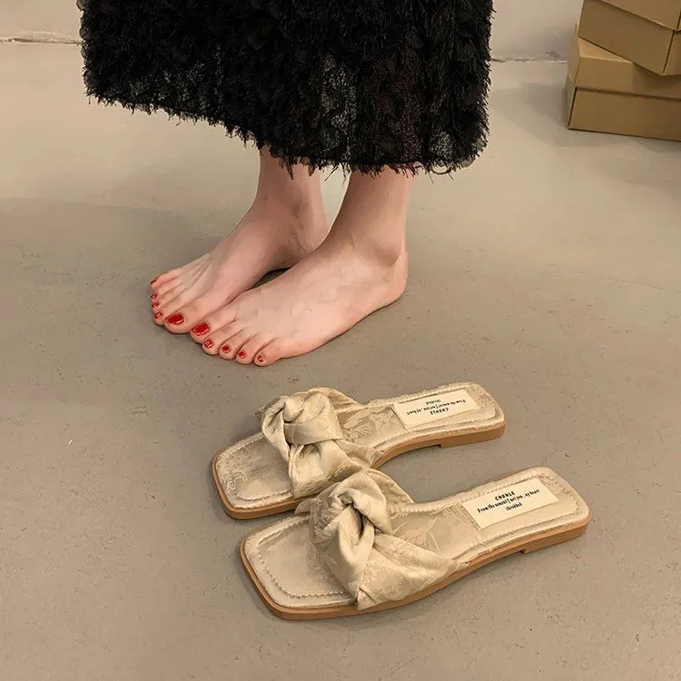 网红新中式拖鞋女夏外穿法式仙女配裙子女士平底凉拖度假一字拖
