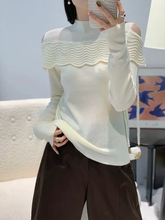 【秋冬新款】MT‘ 波浪纹漏肩毛衣‘  设计感保暖打底时尚百搭修身