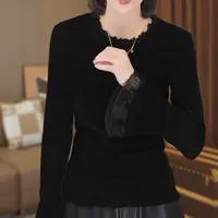 欧货时尚设计感蕾丝拼接丝绒显瘦长袖T恤上衣打底衫T恤气质大码女