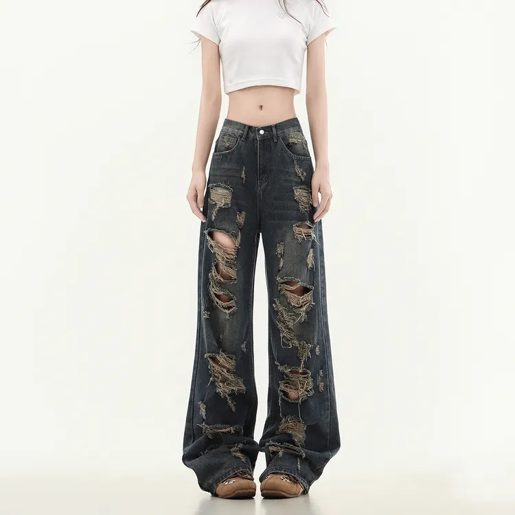 cuwu复古做旧破洞牛仔裤女男夏季高腰显瘦直筒裤宽松阔腿拖地裤子
