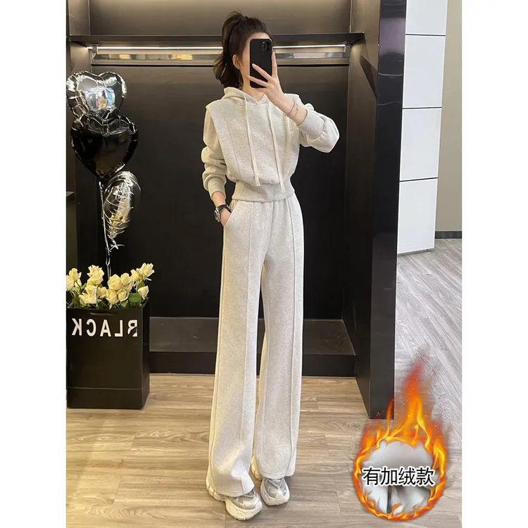 时尚百搭短连帽运动衫宽腿裤两件套宽松洋气休闲气质显瘦网红套装