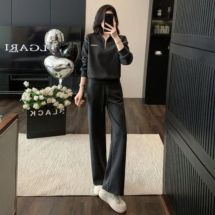 韩版休闲运动套装早秋季新款女条洋气显瘦立领卫衣直筒裤两件套潮