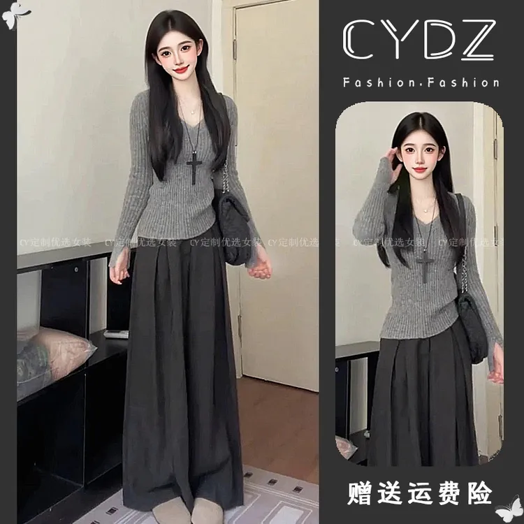 早秋chic韩系高级感穿搭一整套休闲独特绝美毛针织衫裤子两件套装