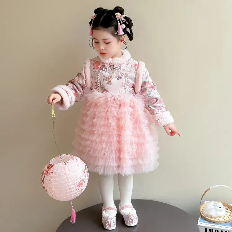 女童国风新中式连衣裙冬洋气女宝宝加绒夹棉拜年服儿童新年装衣服