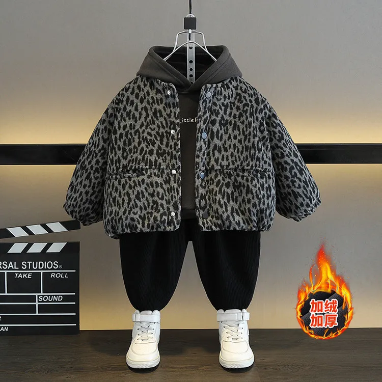 男童冬装豹纹棉衣三件套深秋款儿童加绒卫衣运动套中小童宝宝衣服