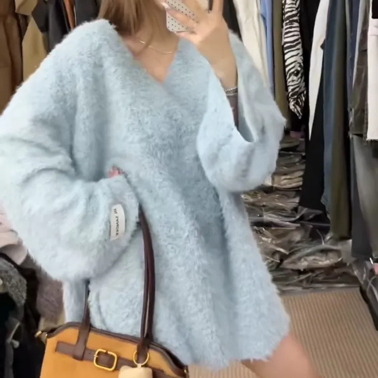 【多巴胺】2025秋季新款韩版时尚百搭显瘦宽松大码V领针织衫毛衣女