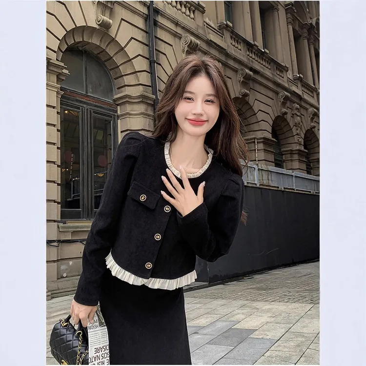 温柔系穿搭时尚小香风套装长裙女春秋新款显瘦气质两件套连衣裙子