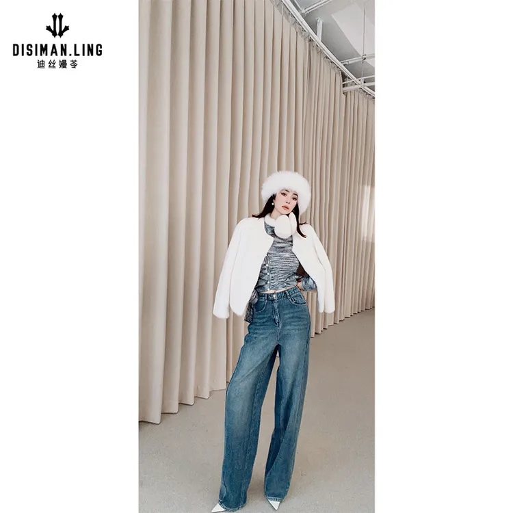 【迪丝嫚苓】蓝色加绒棉牛仔裤轻奢街头vibe风时尚复古宽松秋冬感