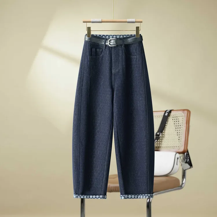 丹宁蓝九分阔腿弯刀牛仔裤女士秋季2025新款高腰显瘦垂感气球裤子