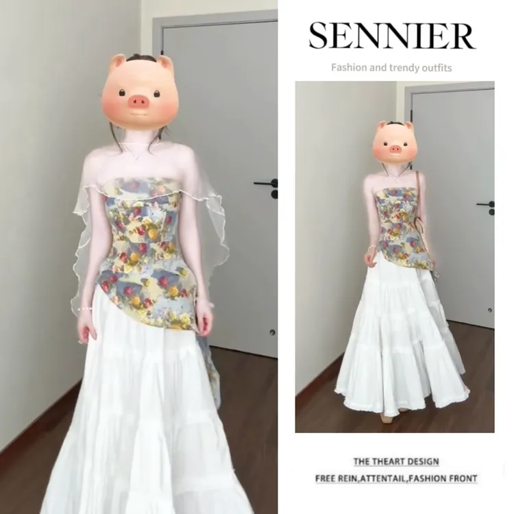 今年流行穿搭一整套2025新款不规则碎花抹胸披肩百搭半身裙三件套