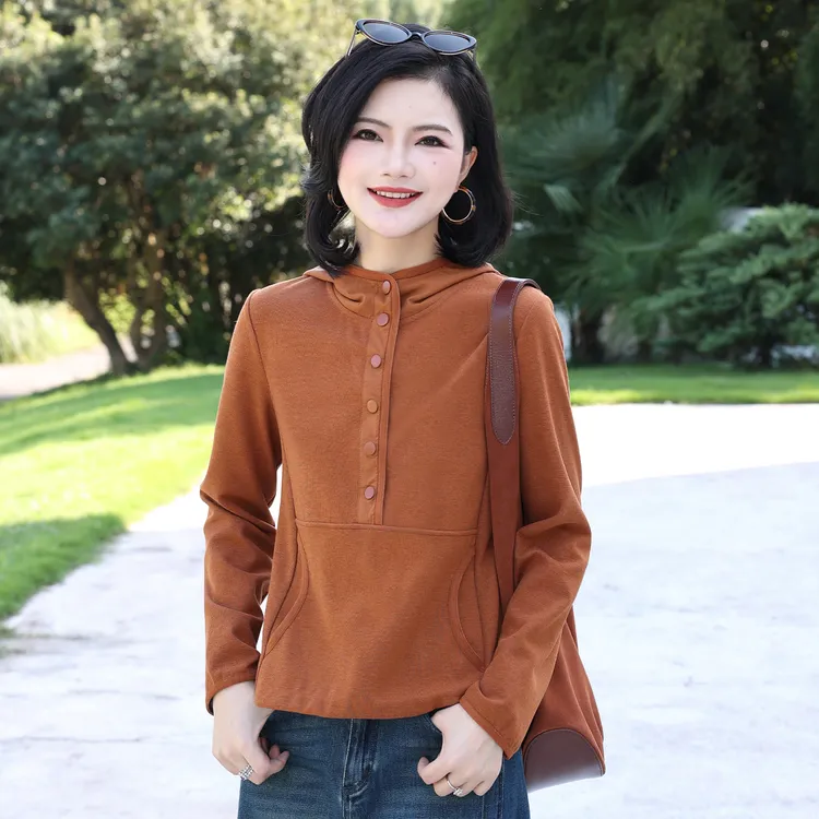 枫竺阿楠anan百搭休闲拼接半开领套头连帽卫衣女秋冬长袖内搭上衣