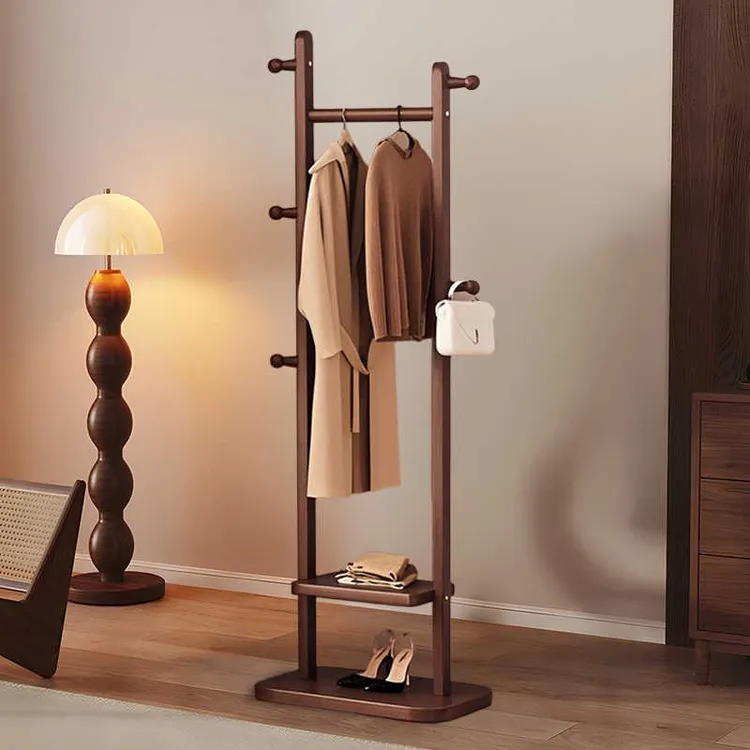 新中式实木衣架黑胡桃挂衣架落地家用挂衣杆卧室高级感木质衣架