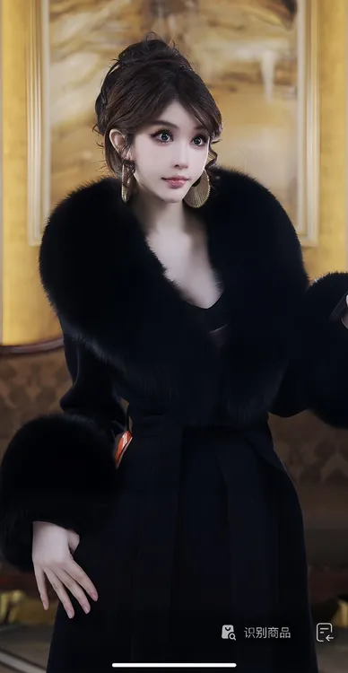 【婧婧专享】黑色新版插口袋超大狐狸毛领双面羊毛大衣修身显瘦长款
